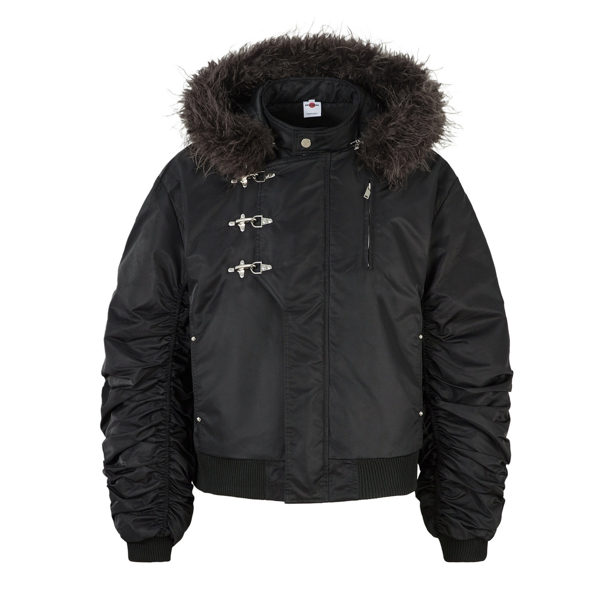 Black padded bomber jacket with detachable faux fur-trimmed hood, silver metal toggle closures, and ruched gathered sleeves