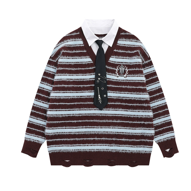 Striped Knit Sweater with Layered Shirt Collar and Tie Detail, Preppy Academy