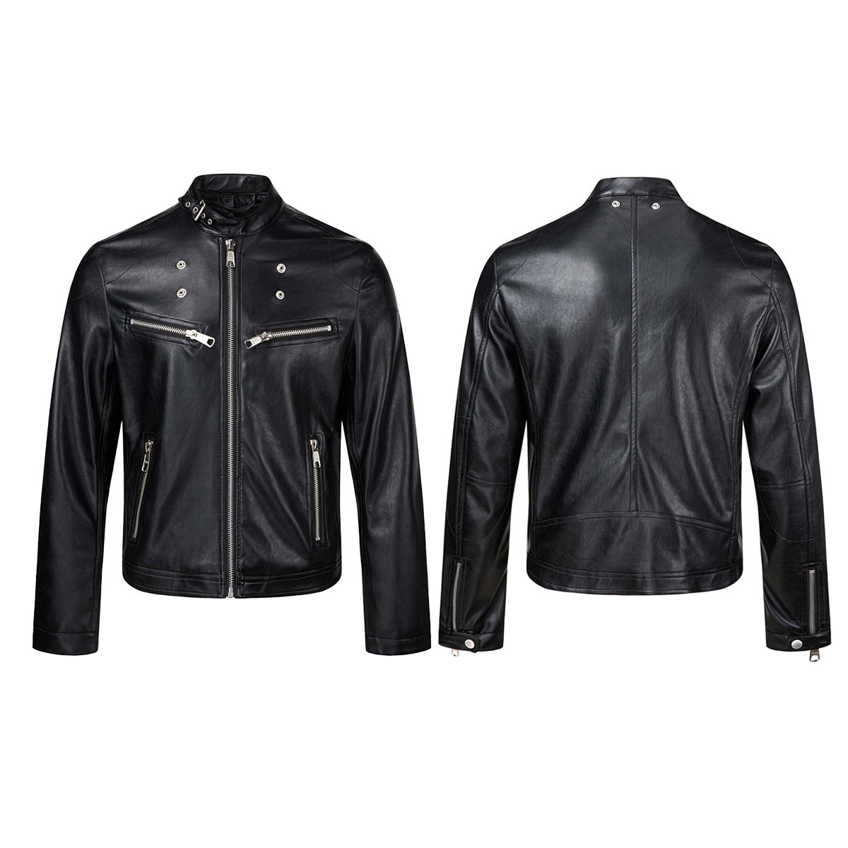 Black PU Leather Moto Jacket – Vintage Biker Style with Stand Collar & Silver