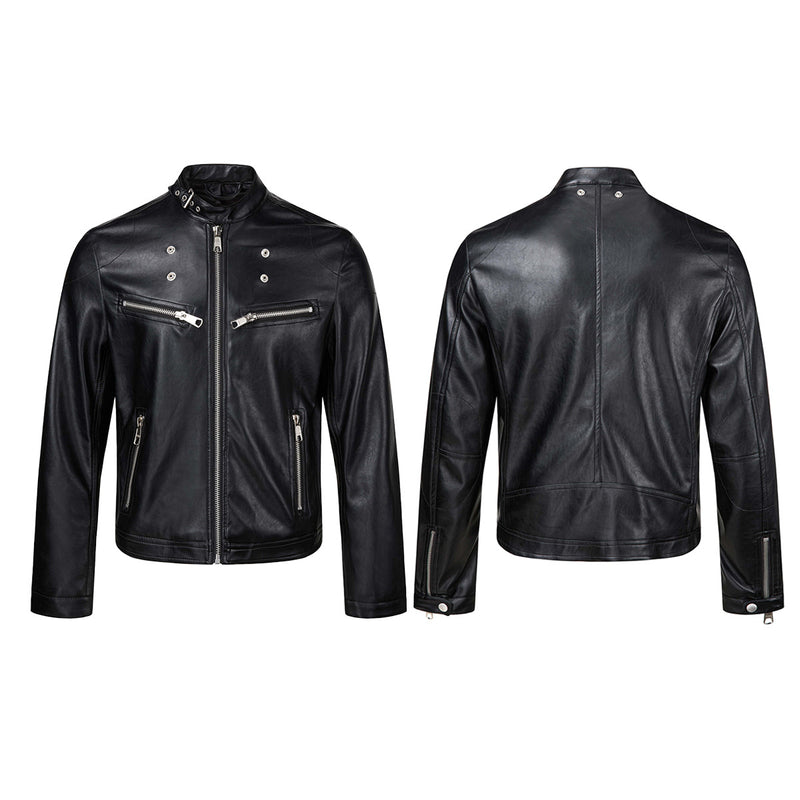 Black PU Leather Moto Jacket – Vintage Biker Style with Stand Collar & Silver