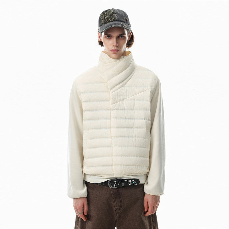 Men's Asymmetric Stand Collar Quilted Down Jacket – Diagonal Placket Puffer Coat
