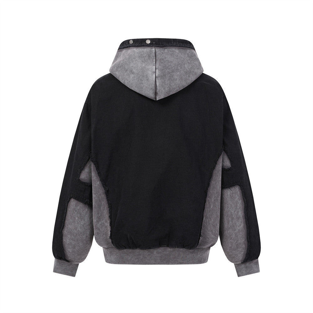 Veste à capuche zippée délavée à l'acide – Patchwork à bords francs et coupe oversize