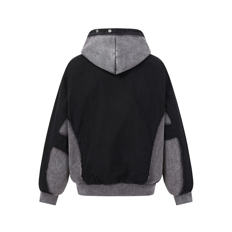 Veste à capuche zippée délavée à l'acide – Patchwork à bords francs et coupe oversize