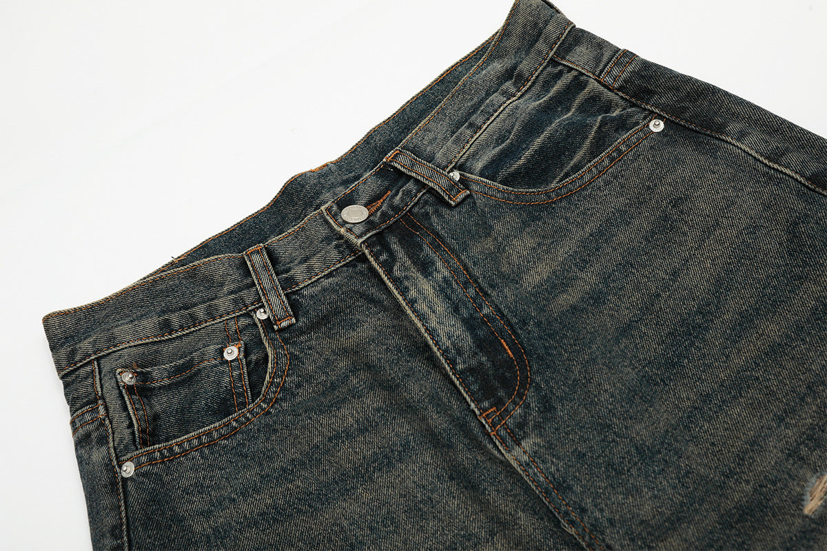 Distressed Straight-Leg-Jeans – Vintage-Washed-Ripped-Denim mit Dirty-Dye