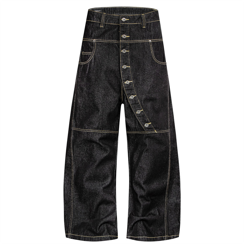 Men's Raw Black Denim Wide-Leg Jeans – Deconstructed Button Fly & Diagonal Seam