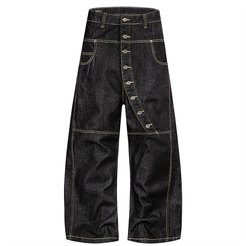 Men's Raw Black Denim Wide-Leg Jeans – Deconstructed Button Fly & Diagonal Seam