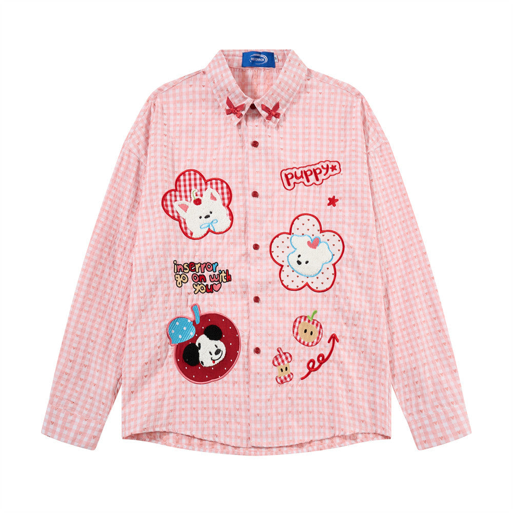 Langarmhemd mit lässiger Passform und Karomuster, mit Applikationspatches mit Cartoon-Welpe und Blumenmotiv in Rosa, Vorderansicht