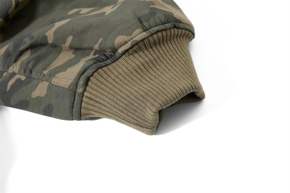 Blouson bomber homme camouflage à capuche, fermeture zippée et manches plissées