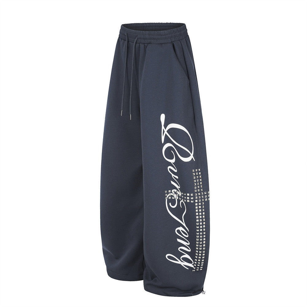 Wide Leg Pants for Men – Cross Rhinestone Script Graphic Relaxed Fit Sweatpants