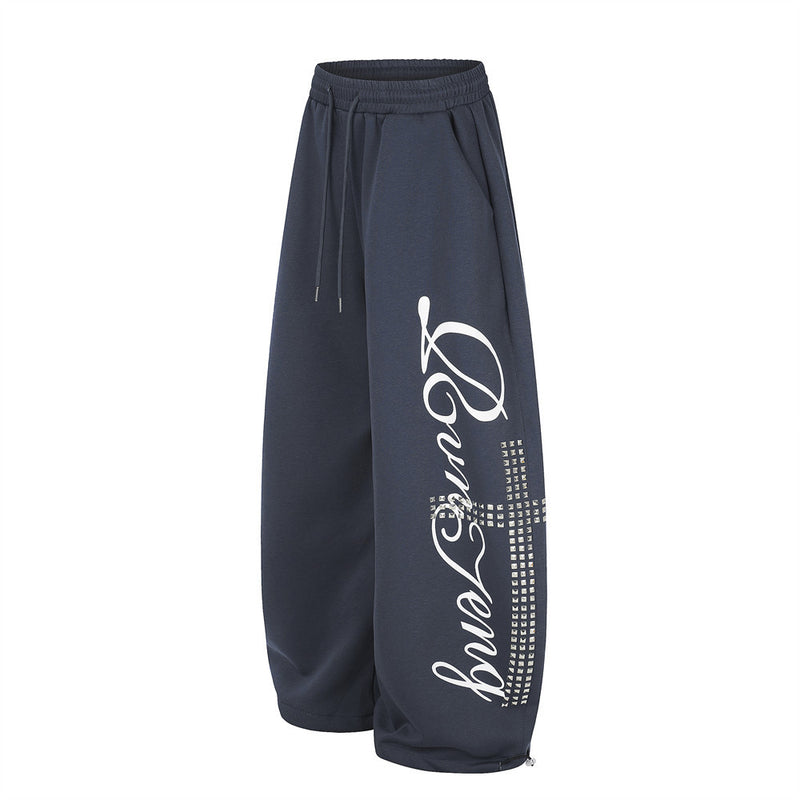 Wide Leg Pants for Men – Cross Rhinestone Script Graphic Relaxed Fit Sweatpants