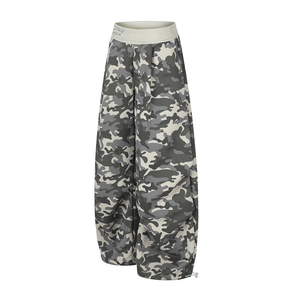 Men's Relaxed Fit Camo Wide-Leg Pants with Elastic Waistband & Ruched Hem