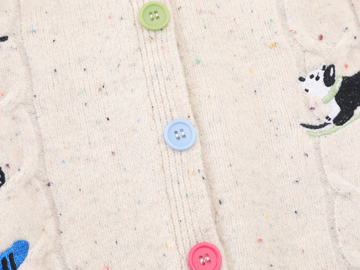 Cable Knit Cardigan Sweater with Cartoon Sport Embroidery & Colorful Buttons