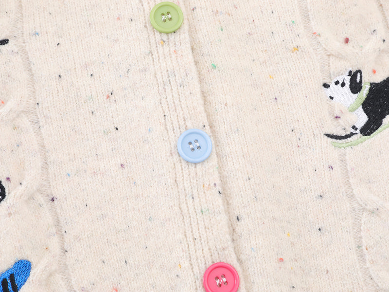 Cable Knit Cardigan Sweater with Cartoon Sport Embroidery & Colorful Buttons