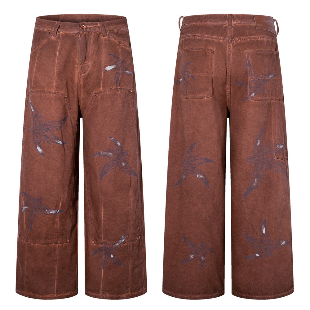 Wide-Leg Cargo Pants – Washed Brown Bird Print, Baggy Fit