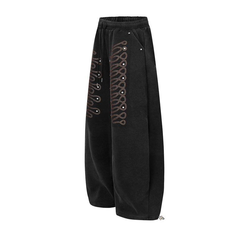 Wide-Leg Sweatpants with Rhinestone Flame Detail, Washed Vintage Finish