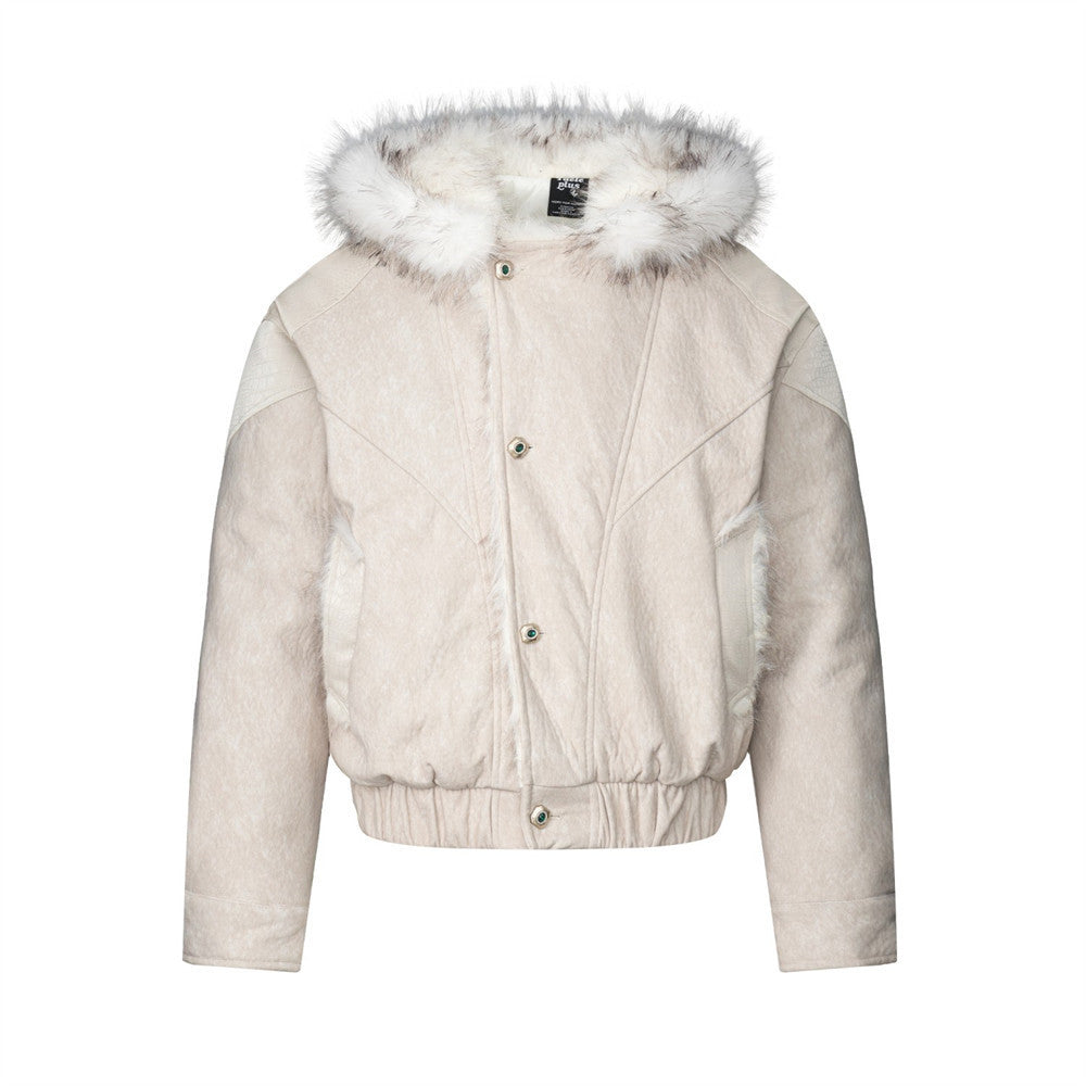 Men's Faux Fur Trim Hooded Bomber Jacket with PU Leather Panel & Snap Buttons