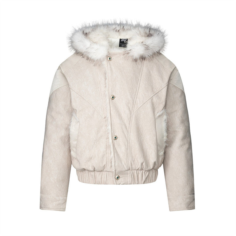 Men's Faux Fur Trim Hooded Bomber Jacket with PU Leather Panel & Snap Buttons