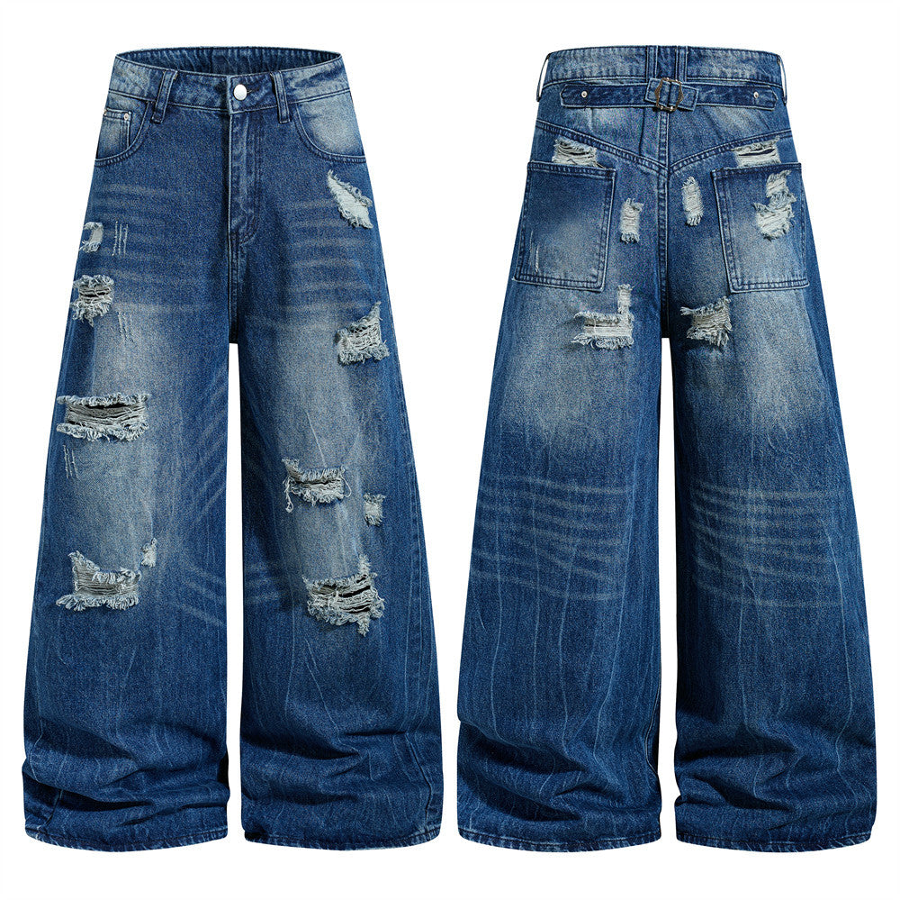Wide-Leg Ripped Jeans – Men's Baggy Distressed Denim with Washed Finish