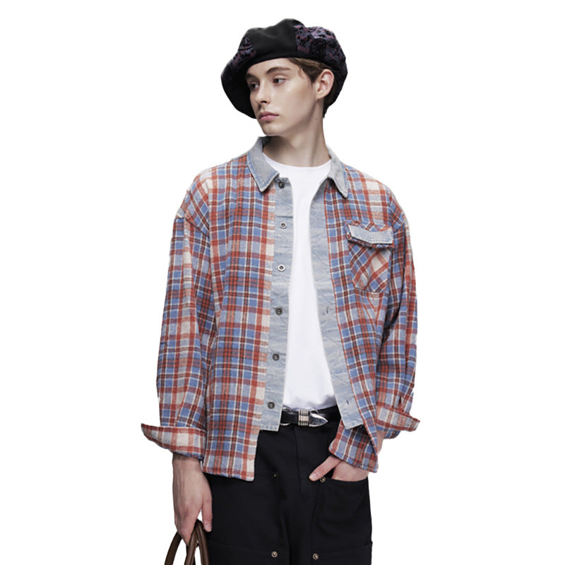 Men's Red Plaid Shirt Oversized Denim-Splice Faux Two-Piece Button-Down