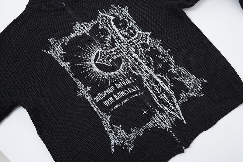 Pull col montant zippé en maille gothique à croix imprimée et effet usé
