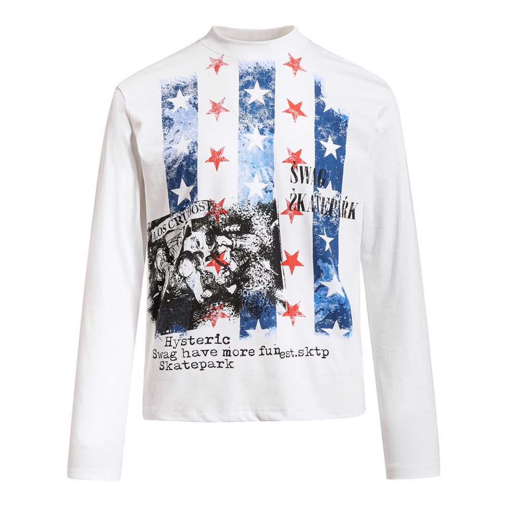 Men's white long sleeve graphic t-shirt with stars, blue vertical stripes, and skatepark punk print on the front