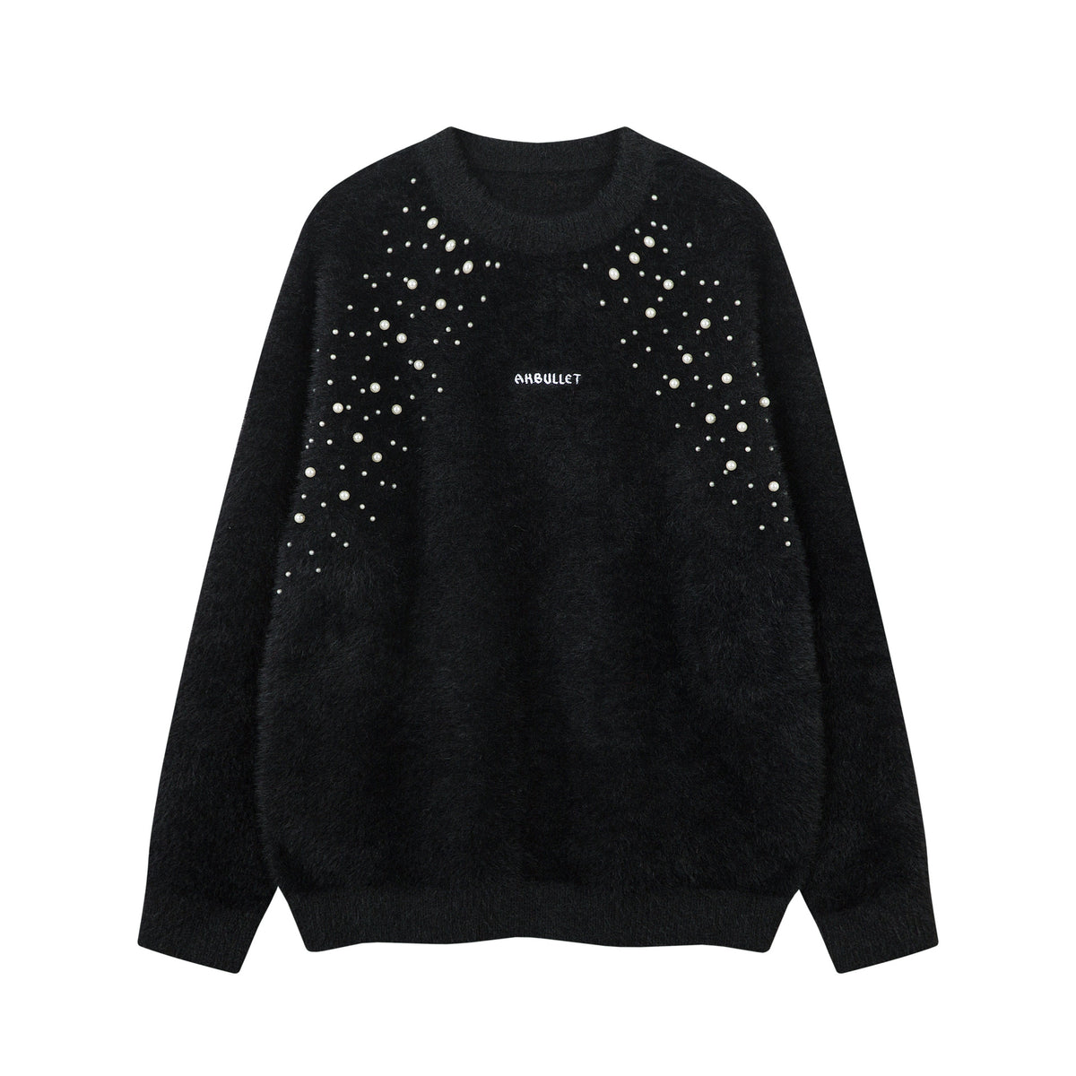 Pearl Bead Embellished Fuzzy Knit Crewneck Sweater – Oversized Unisex Pullover