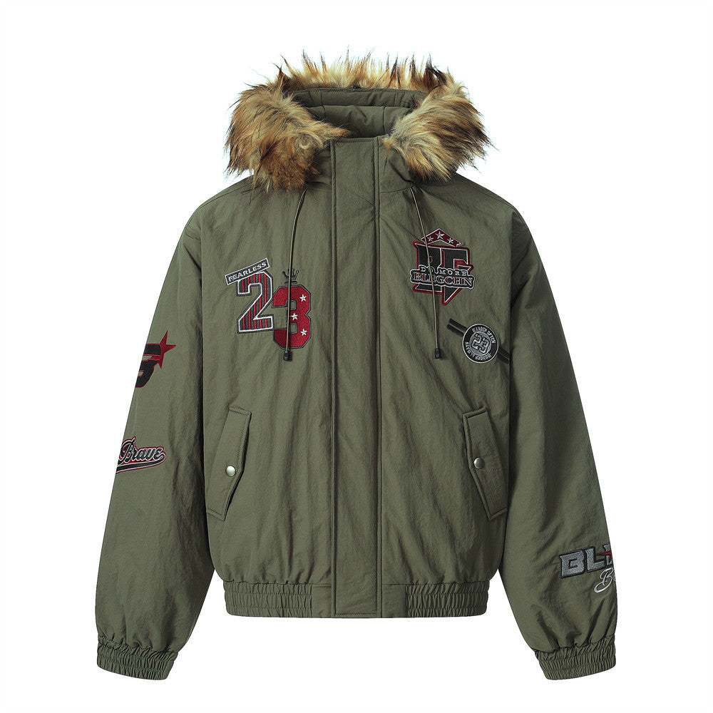 Men's Army Green Varsity Patch Faux Fur Hood Puffer Jacket
