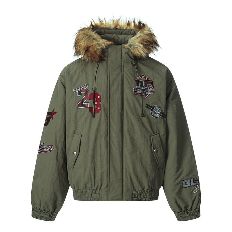 Men's Army Green Varsity Patch Faux Fur Hood Puffer Jacket