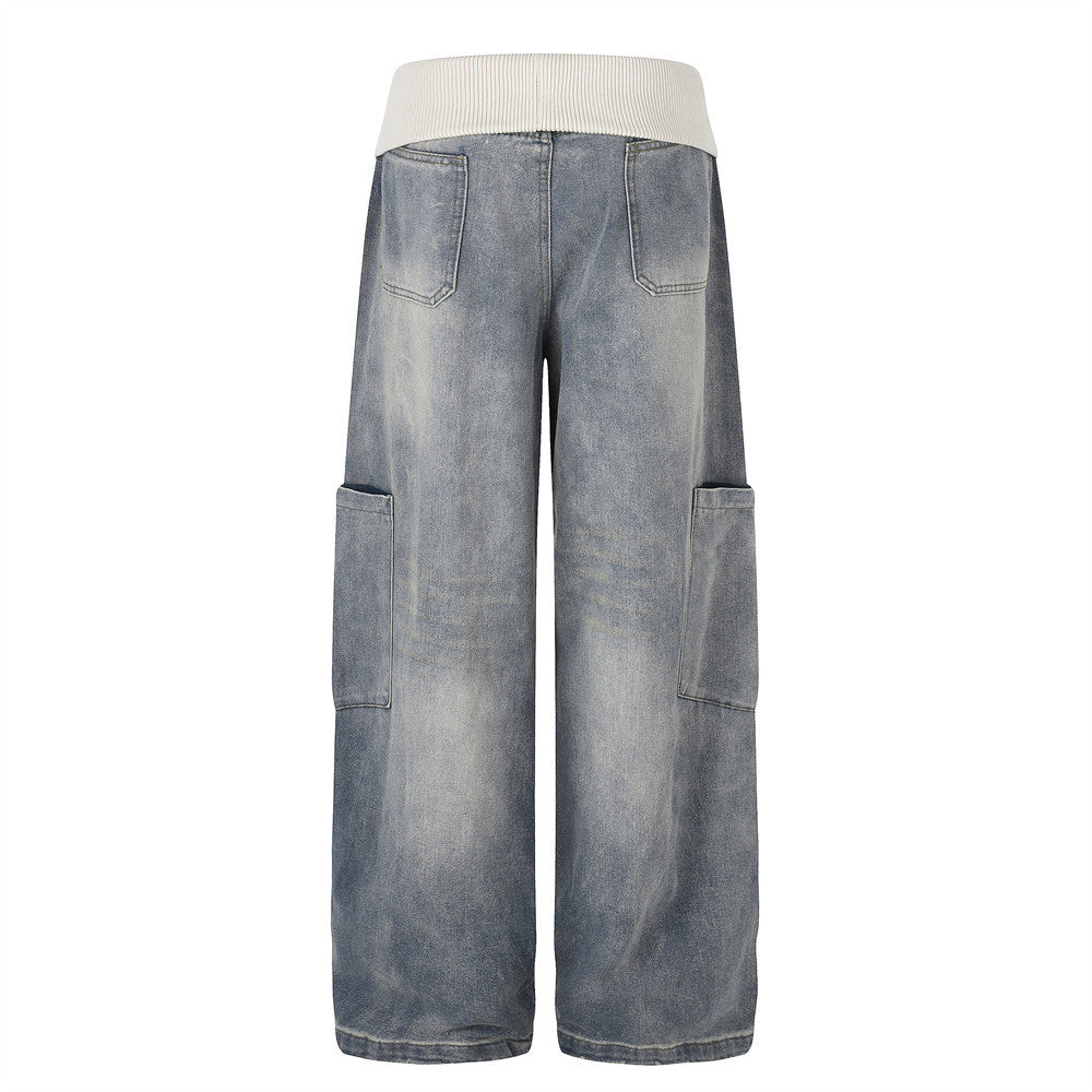 Vaqueros cargo de pierna ancha para hombre: denim lavado con cintura de punto y bolsillos laterales