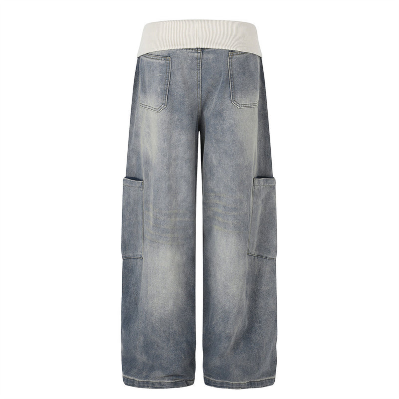 Vaqueros cargo de pierna ancha para hombre: denim lavado con cintura de punto y bolsillos laterales