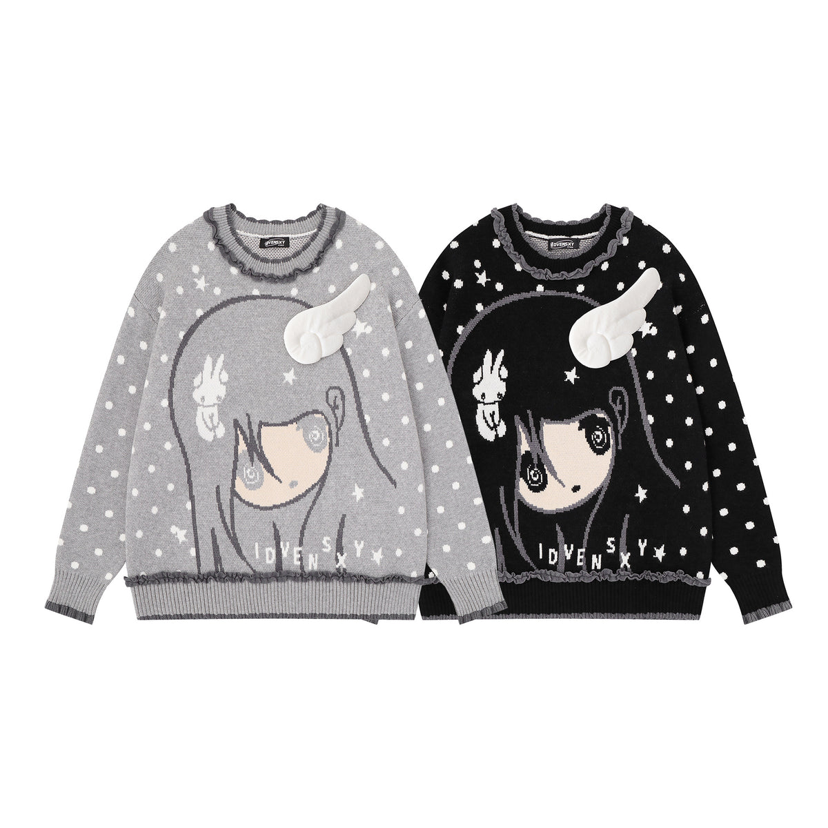 Anime Girl Jacquard Knit Sweater with 3D Angel Wing Patch & Polka Dot Print