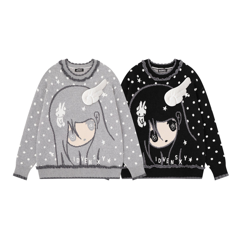 Anime Girl Jacquard Knit Sweater with 3D Angel Wing Patch & Polka Dot Print