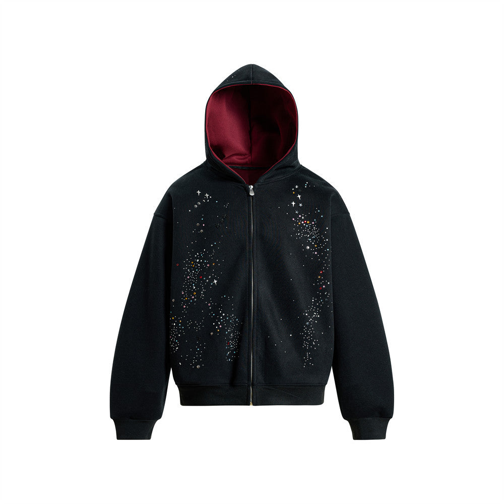 Oversize-Zip-Hoodie für Herren mit mehrfarbigen Strass- und Sternverzierungen in Schwarz und Anthrazit