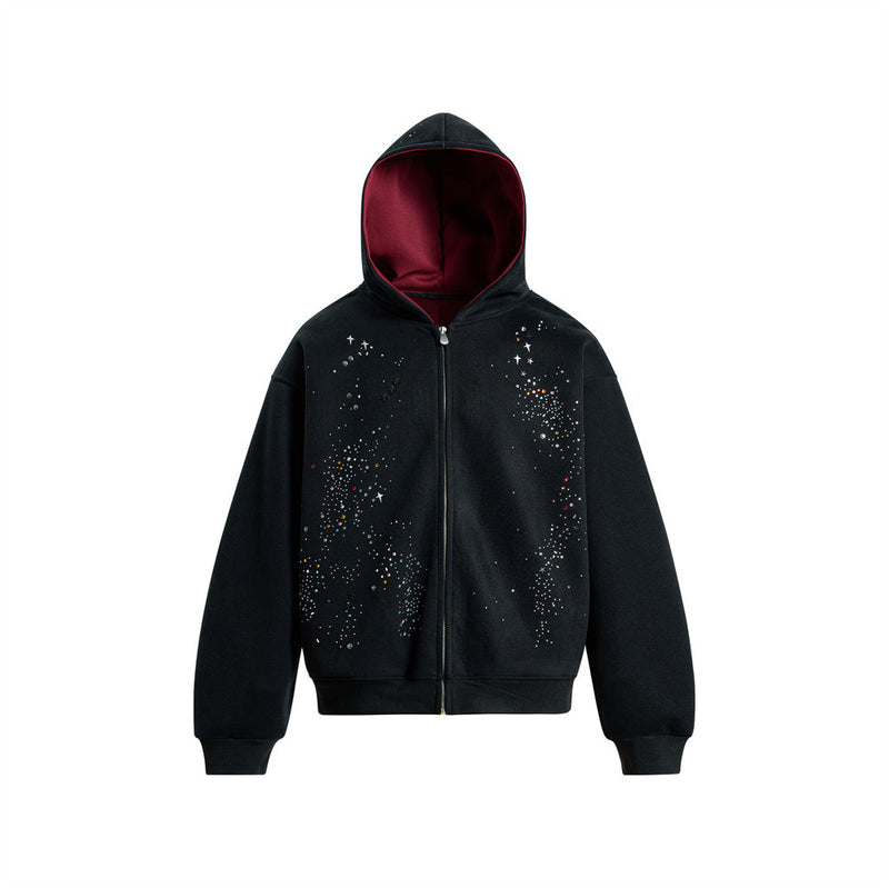 Oversize-Zip-Hoodie für Herren mit mehrfarbigen Strass- und Sternverzierungen in Schwarz und Anthrazit