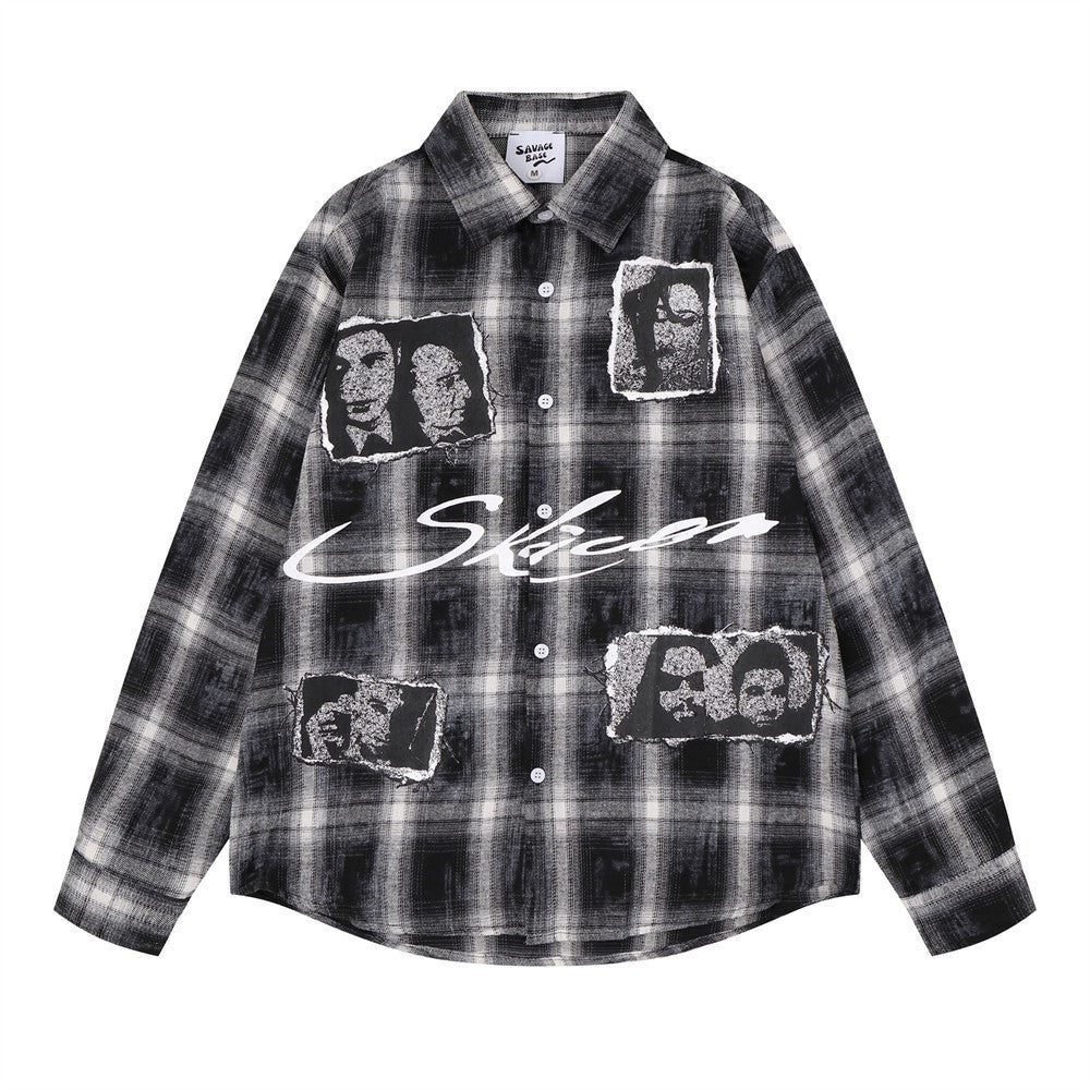 Plaid Long Sleeve Shirt Men – Oversized Flannel with Portrait Graphic Print