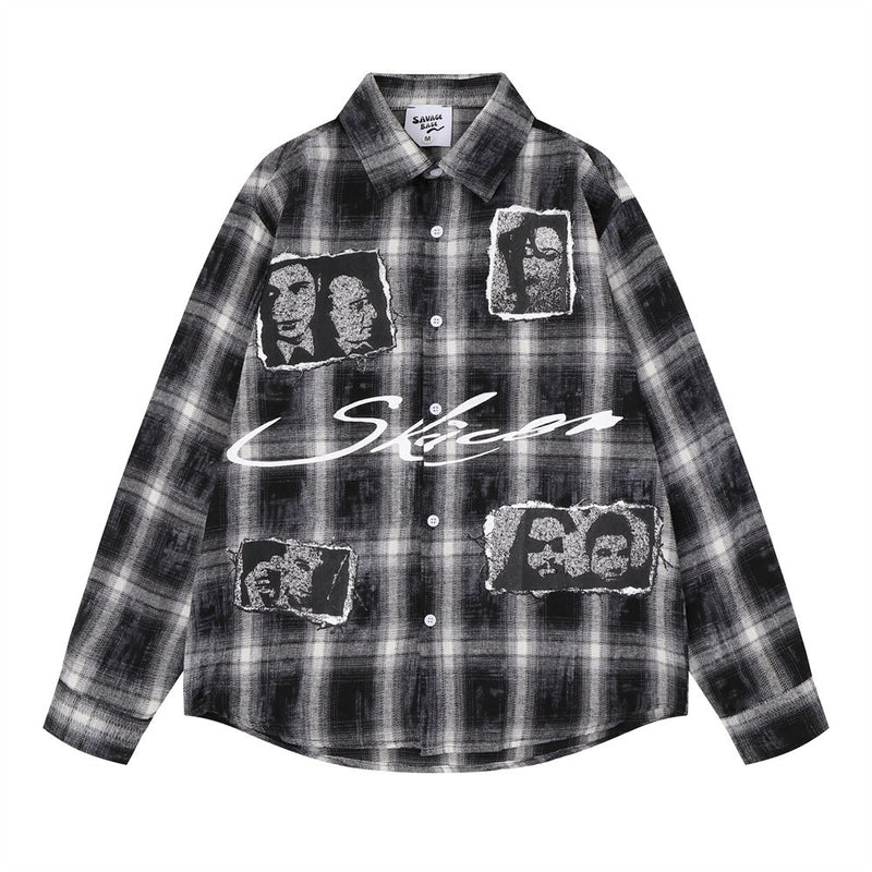 Plaid Long Sleeve Shirt Men – Oversized Flannel with Portrait Graphic Print