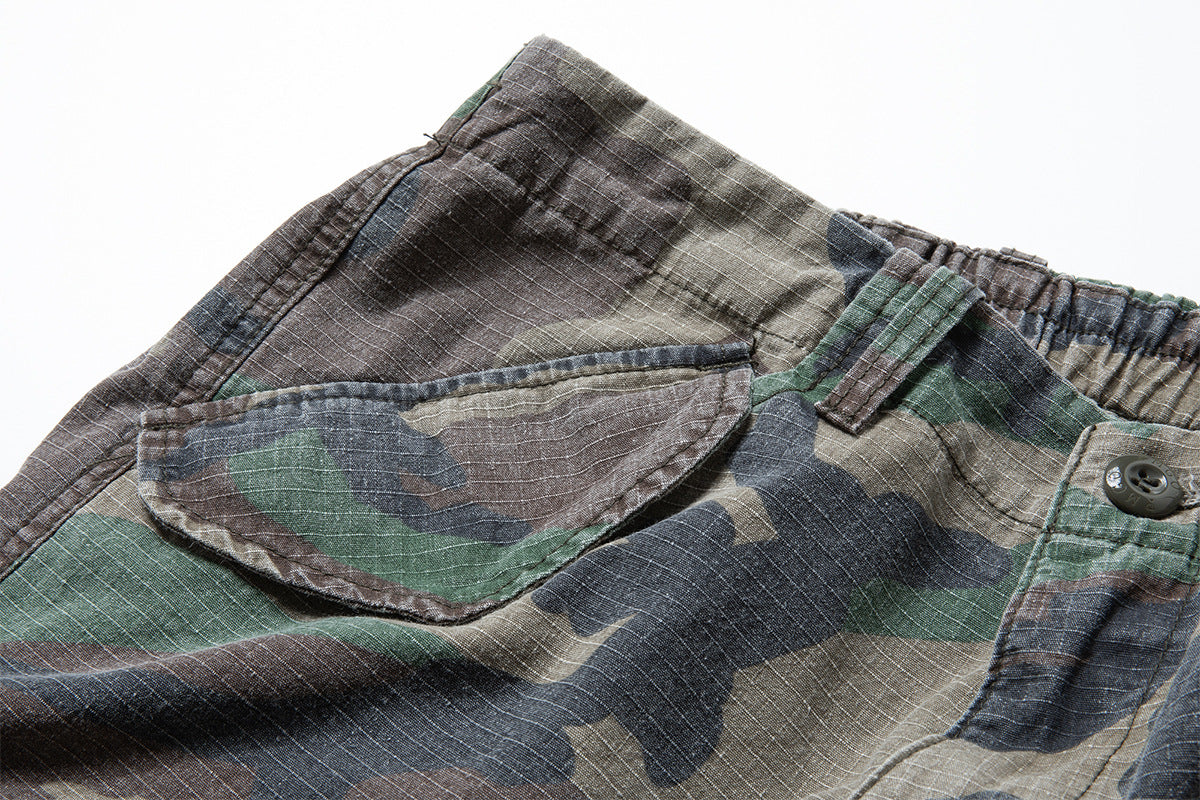 Woodland Camo Wide-Leg Cargo Pants – Washed Vintage Military Style