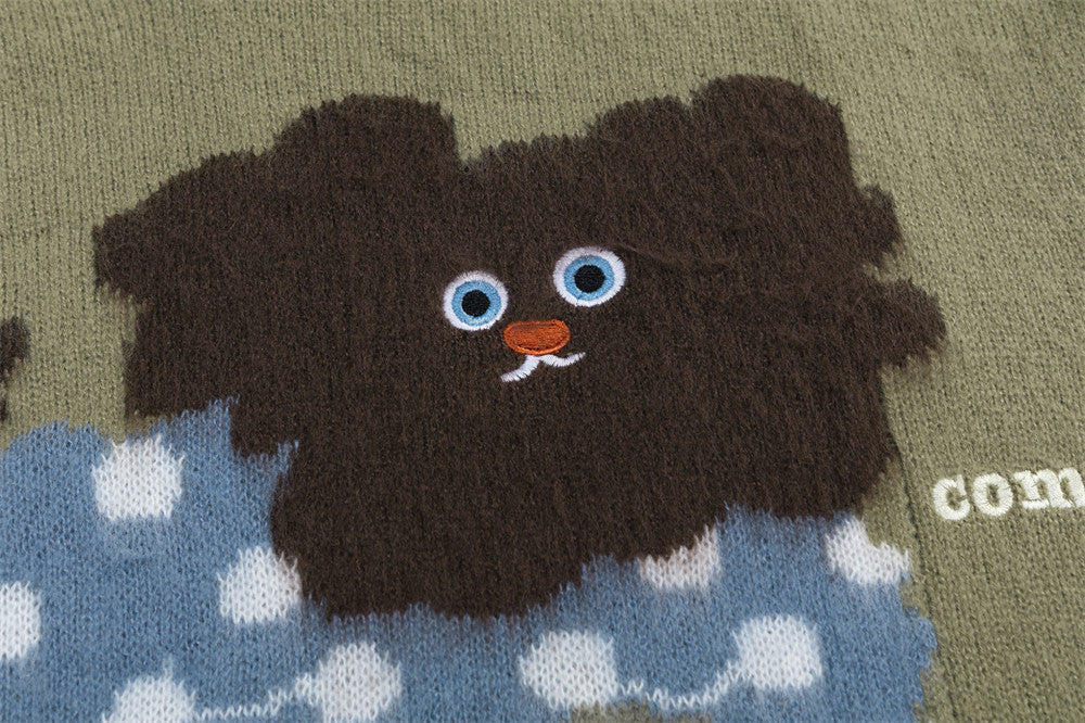 Oversize-Strickpullover mit Cartoon-Hund, Colorblock-Polokragen und langen Ärmeln für Herren