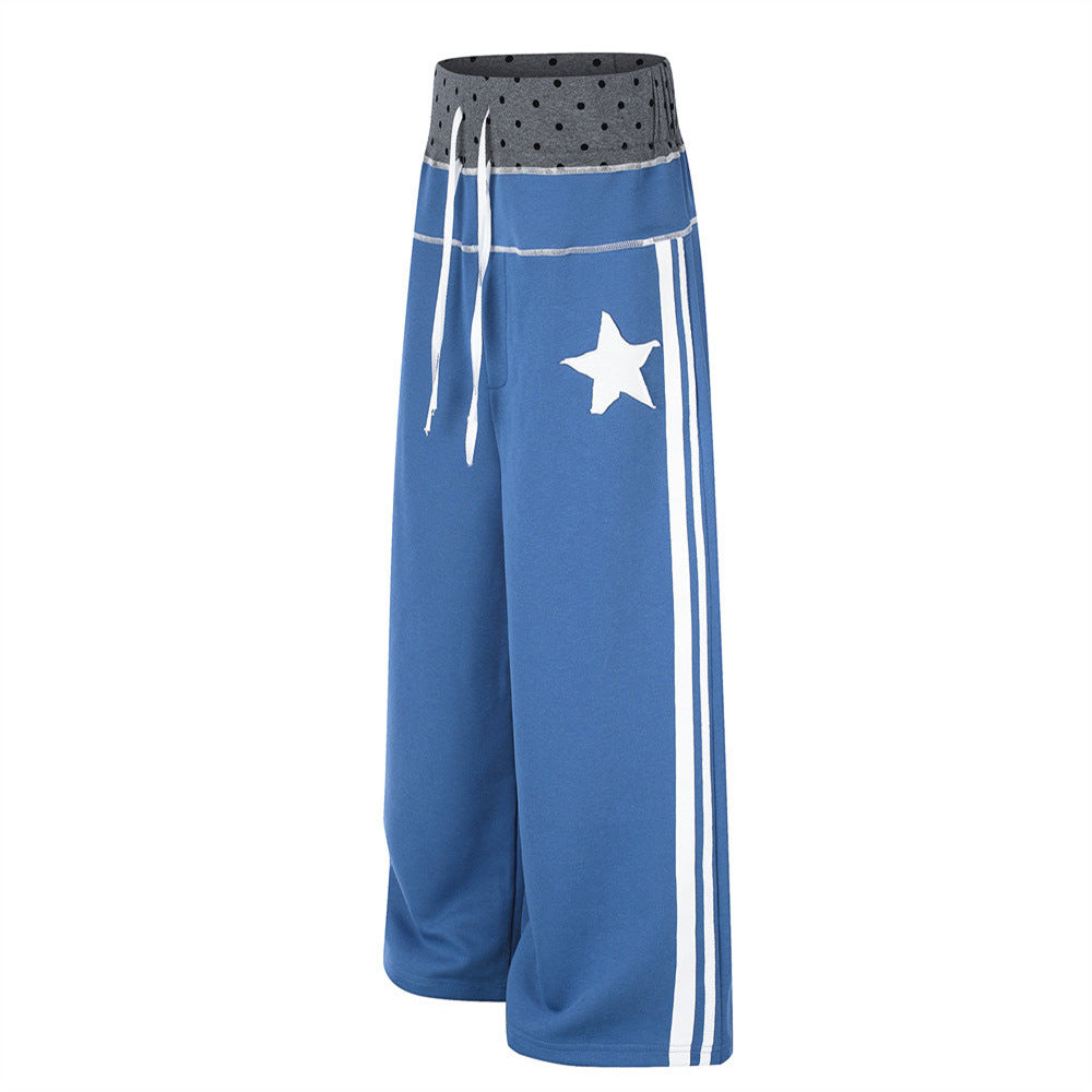 Pantalon de survêtement à jambes larges – Étoile bleue, bandes latérales et ceinture à pois
