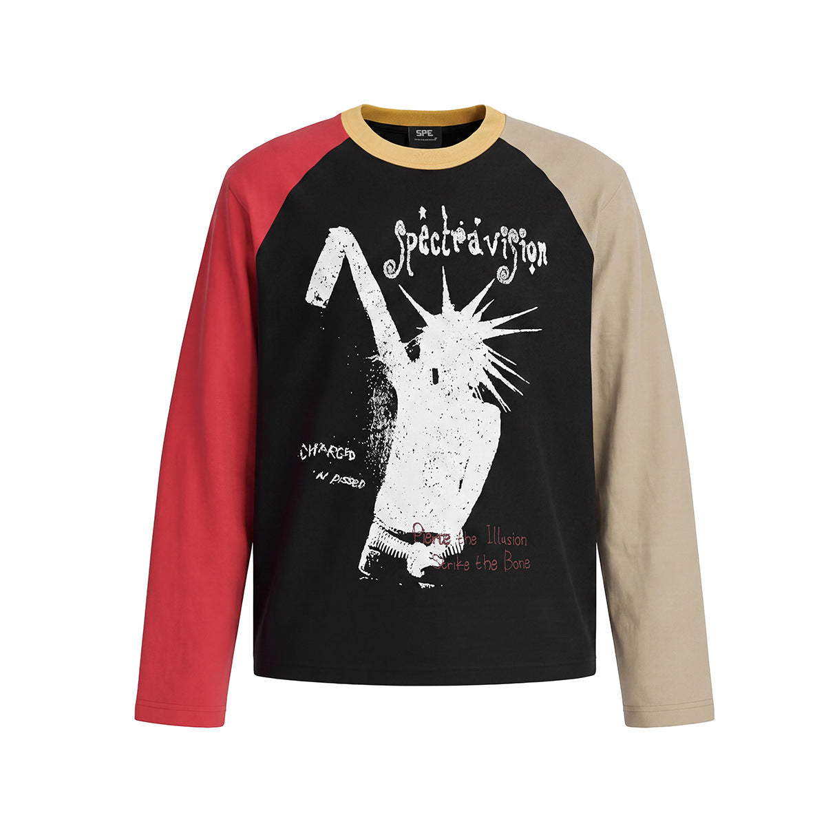 Black colorblock raglan crewneck long sleeve shirt with red and khaki sleeves, distressed Spéctravision punk rock graphic pri