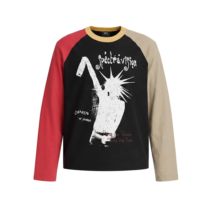 Black colorblock raglan crewneck long sleeve shirt with red and khaki sleeves, distressed Spéctravision punk rock graphic pri