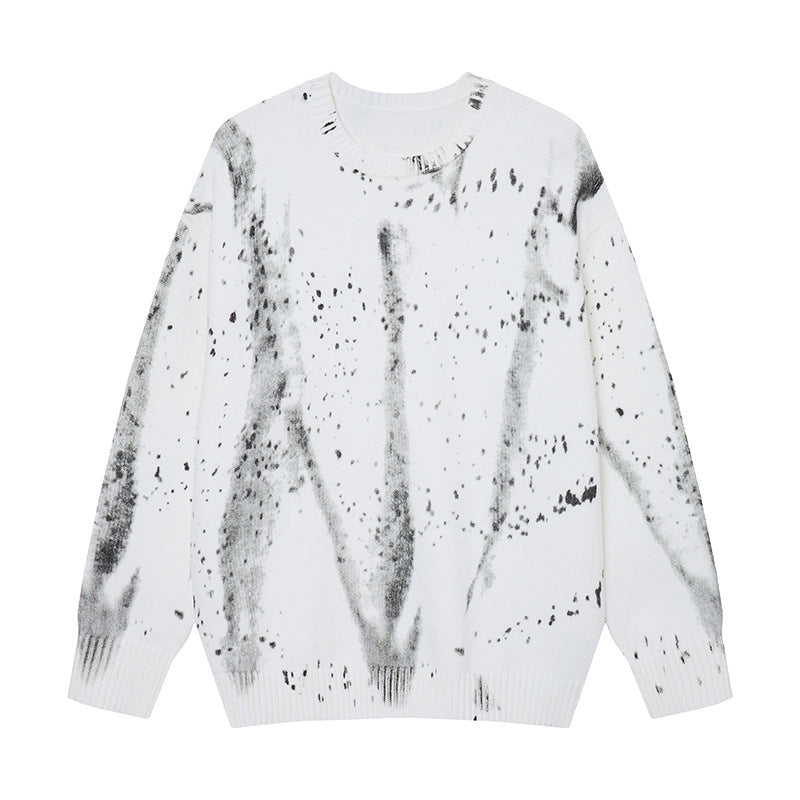 Oversized Strickpullover mit Rundhalsausschnitt und flächigem Schwarz-Weiß-Tusche- und Farbspritzerprint, Vorderansicht