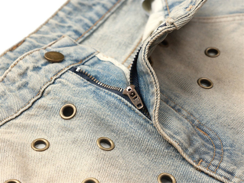 Men's Distressed Wide-Leg Jeans with Chaotic Embroidery & Metal Eyelet Detail