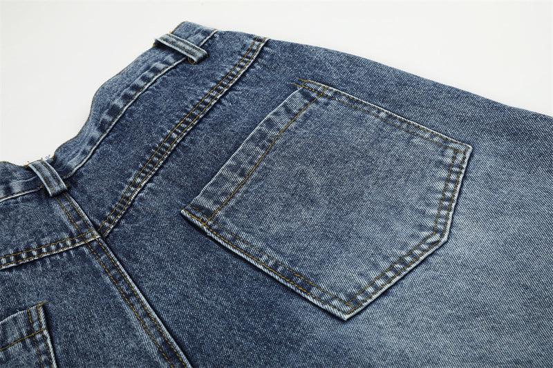 Cartoon Cat Embroidered Denim Shorts – Men's Wide Leg Vintage Washed Jean Shorts