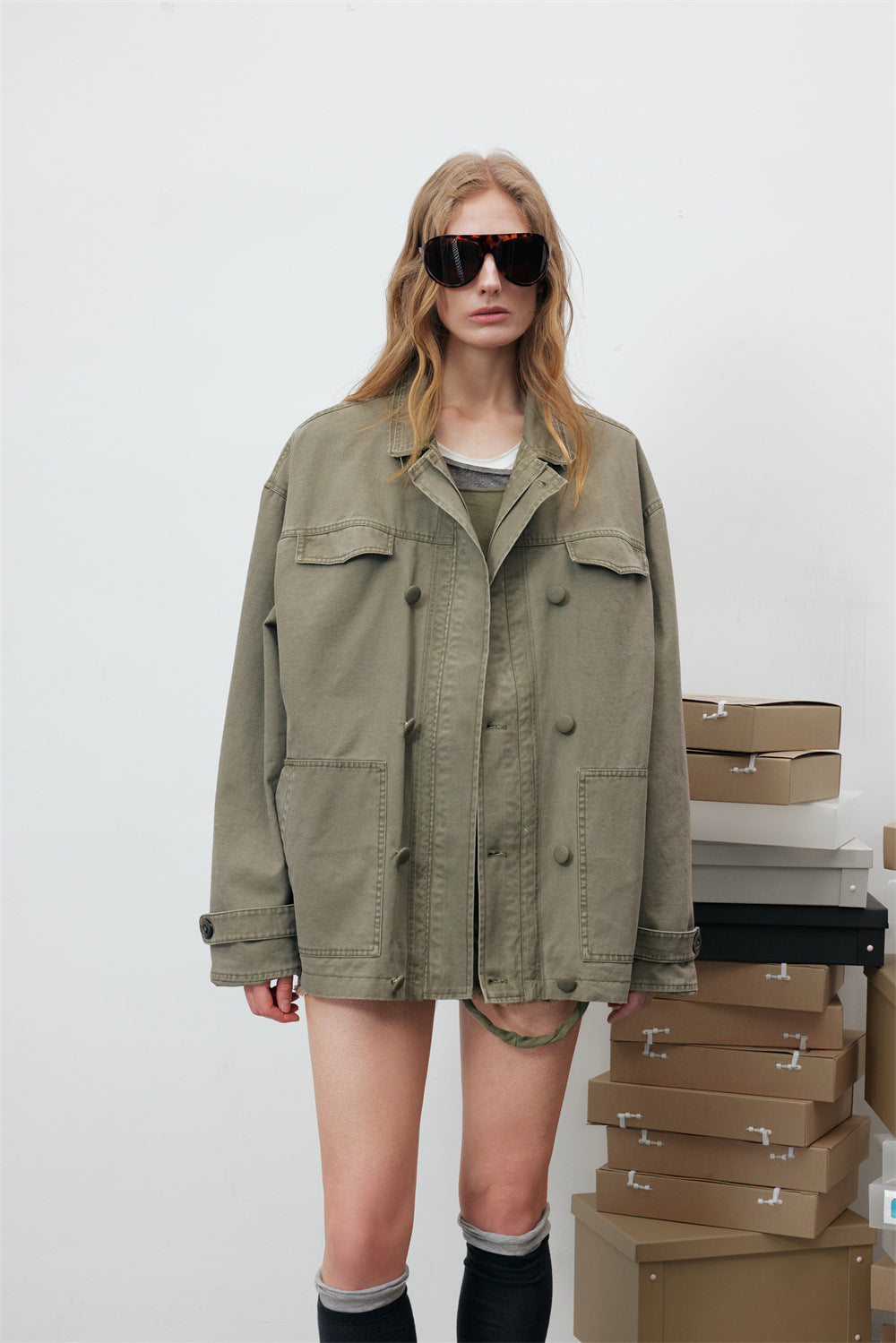 Oversized Workwear Jacket – Men's Olive Double-Breasted Utility Coat