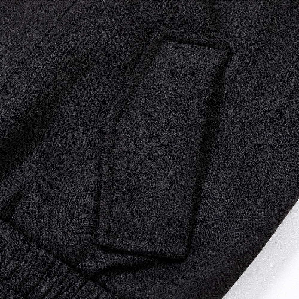 Suede Bomber Jacket Men – Collared Cross-Patch Relaxed Fit Varsity Jacket