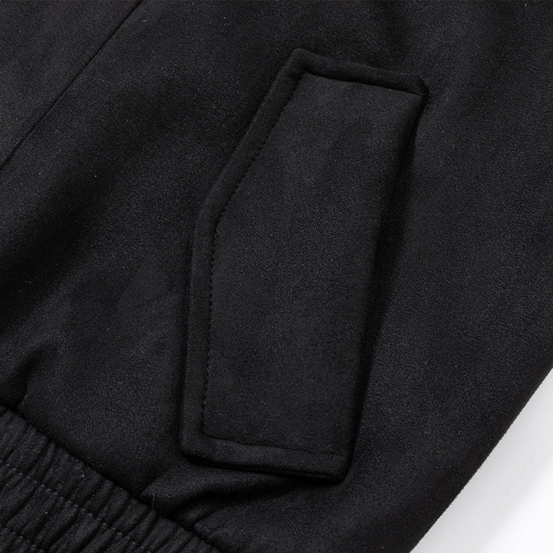 Suede Bomber Jacket Men – Collared Cross-Patch Relaxed Fit Varsity Jacket