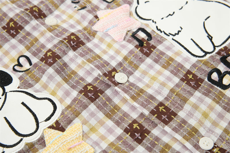 Cartoon Cat & Dog Patch Embroidery Plaid Short Sleeve Shirt