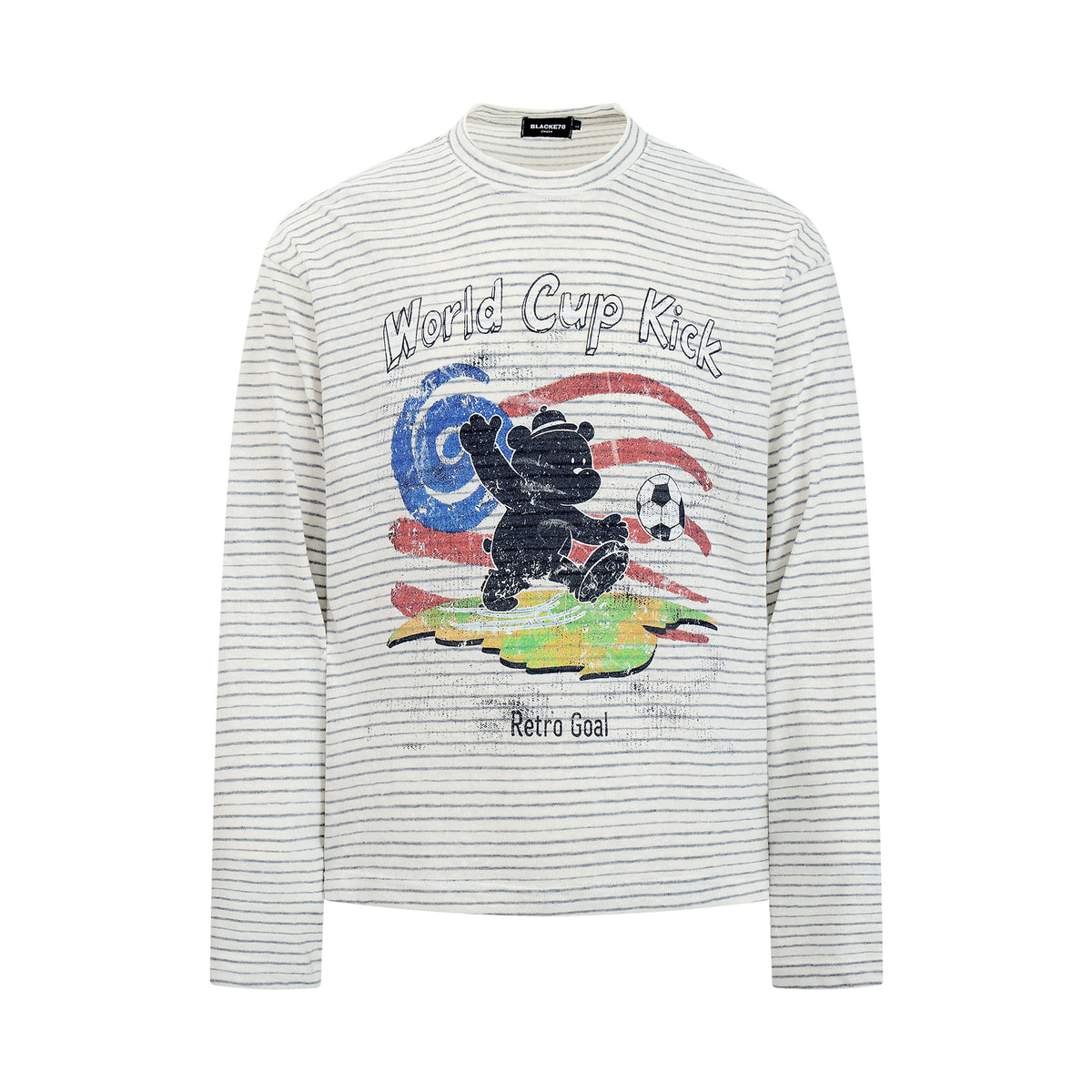 Off-white striped long-sleeve tee with distressed World Cup Kick retro bear soccer graphic on the front