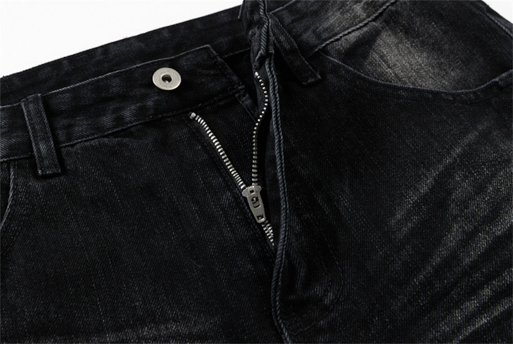 Men's Black Baggy Wide-Leg Jeans – Washed Distressed Curved Silhouette